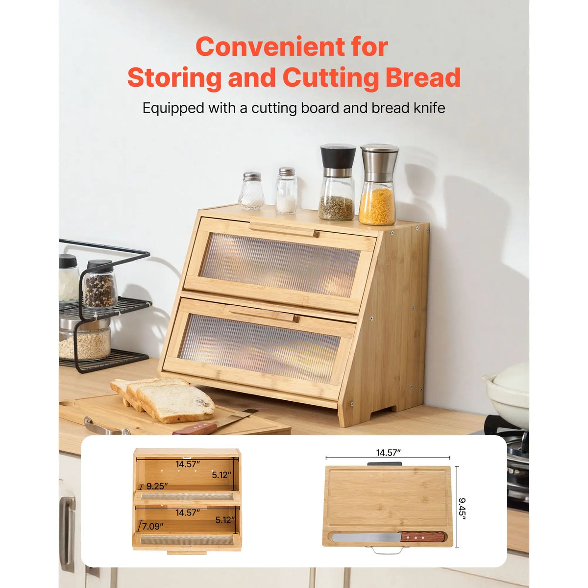 Bamboo Double Layer Bread Box With Acrylic Door Storage