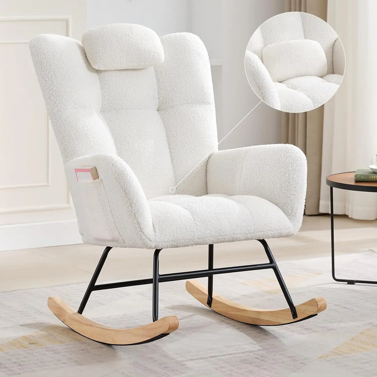 Modern Upholstered Nursery Rocking Chairs, with Side Pocket High Back Teddy Boucle Rocker Chair, Rocking Chair Backrest for Livi