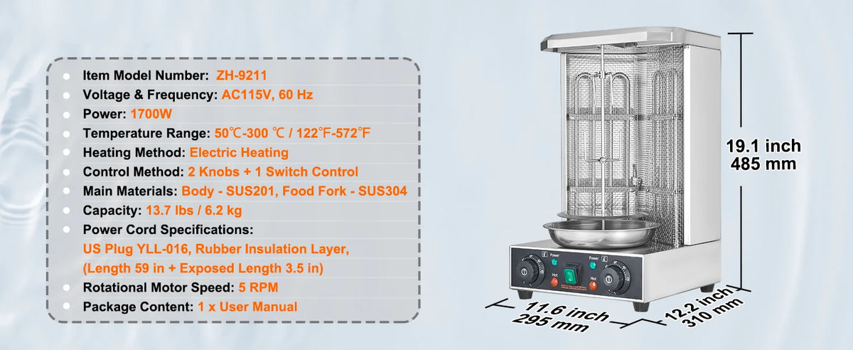 SucceBuy Shawarma Grill Machine 13lb Chicken Shawarma Cooker Machine Electric Vertical Broiler Gyro Rotisserie Oven Doner Kebab