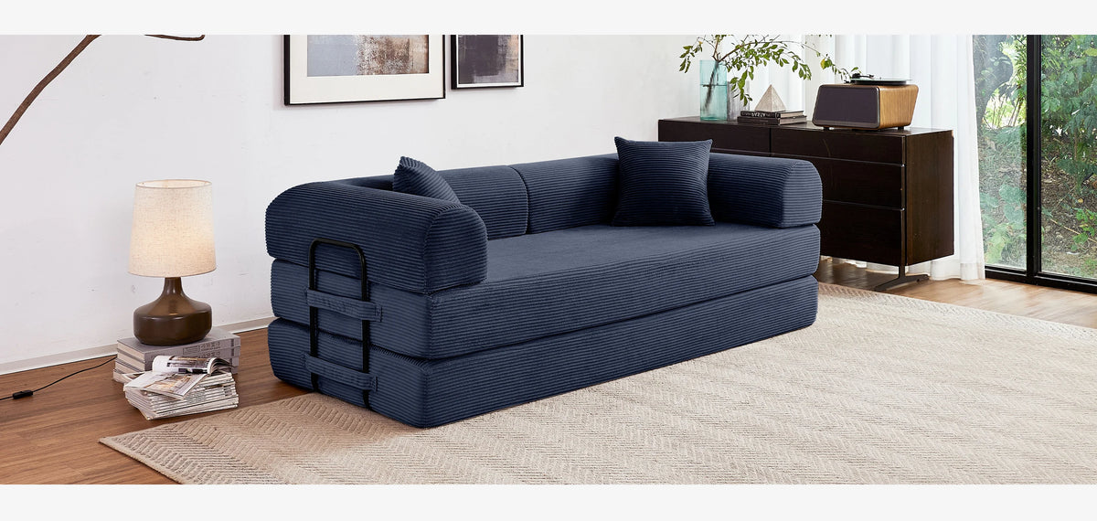 Modern Foldable Convertible Futon Sleeper Sofa With L Shaped Armrests