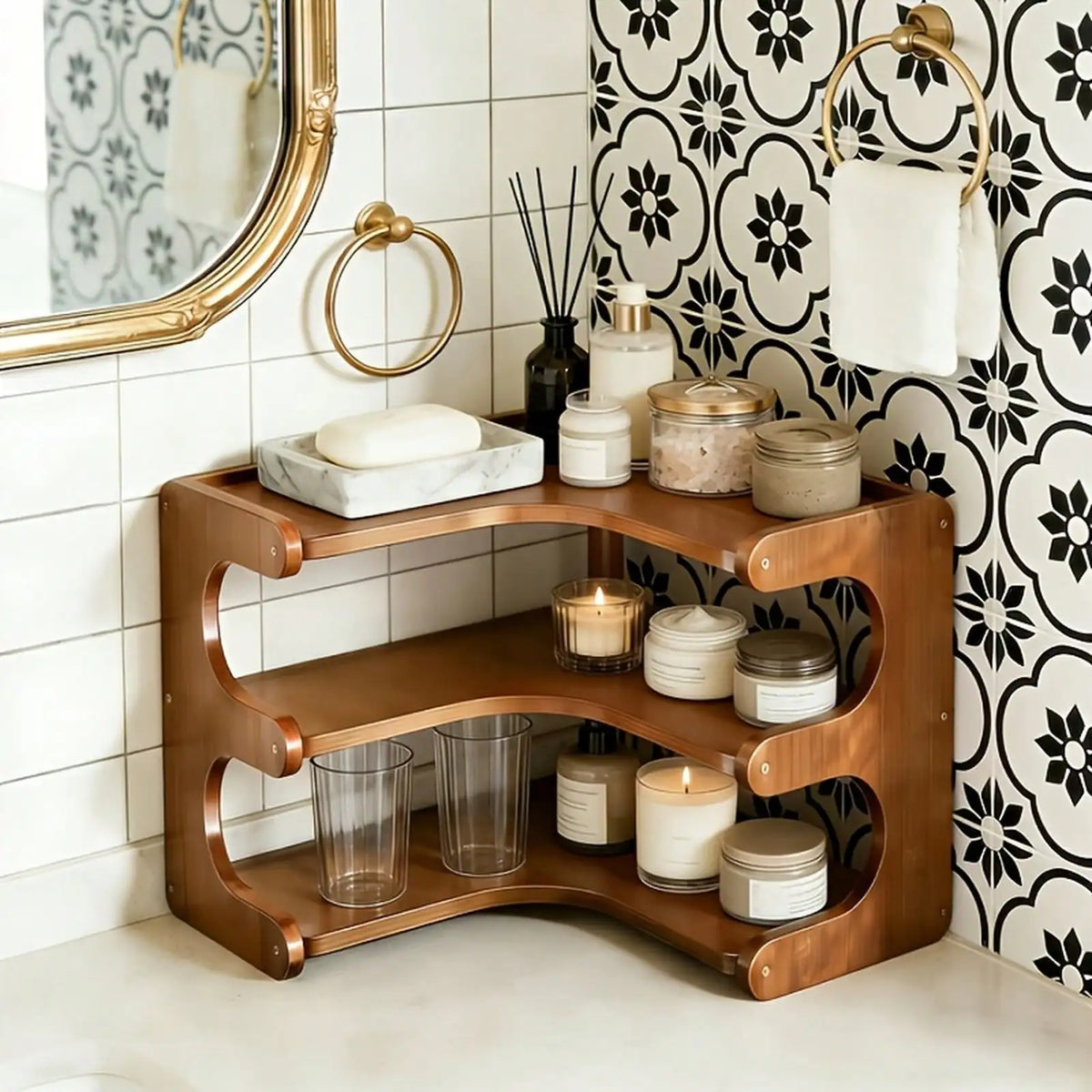 Freestanding Wood Corner Organizer Shelf Multi Tier Storage Rack