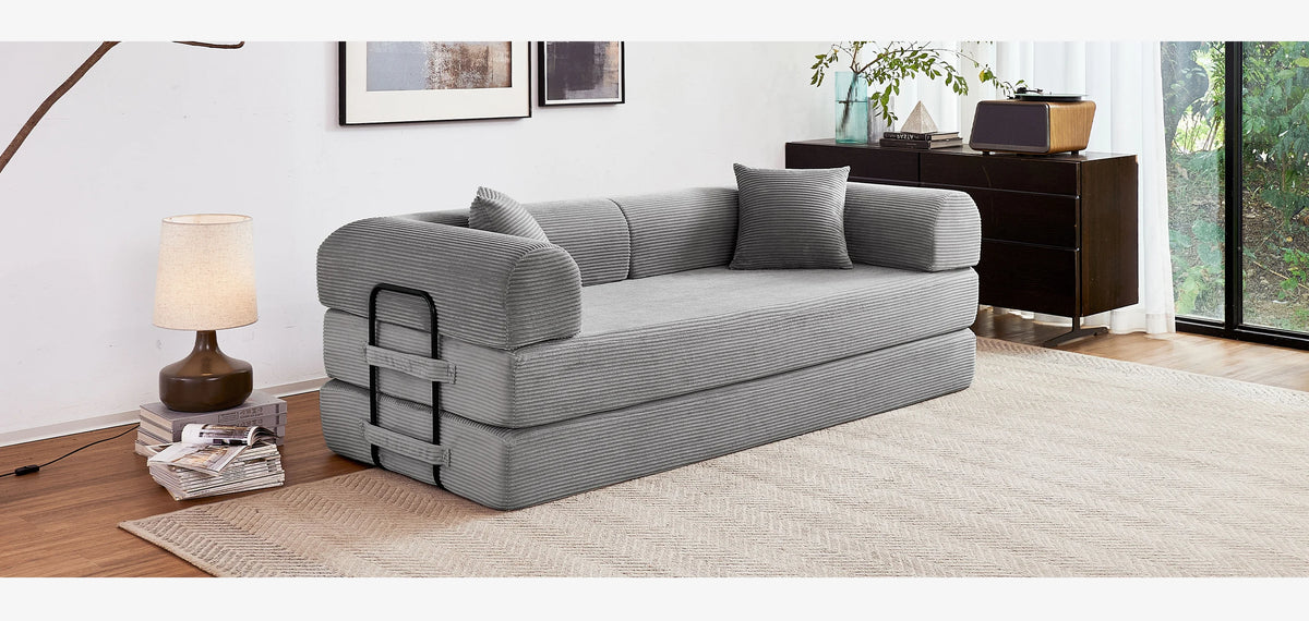 Modern Foldable Convertible Futon Sleeper Sofa With L Shaped Armrests