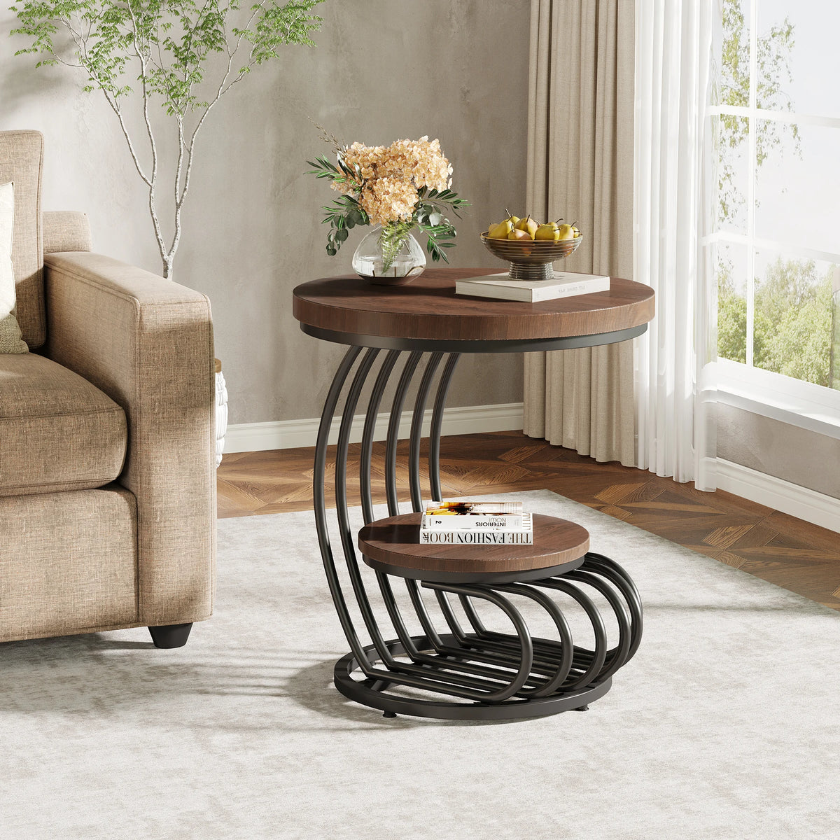 Tribesigns Modern Round End Table With Faux Marble Storage Shelf