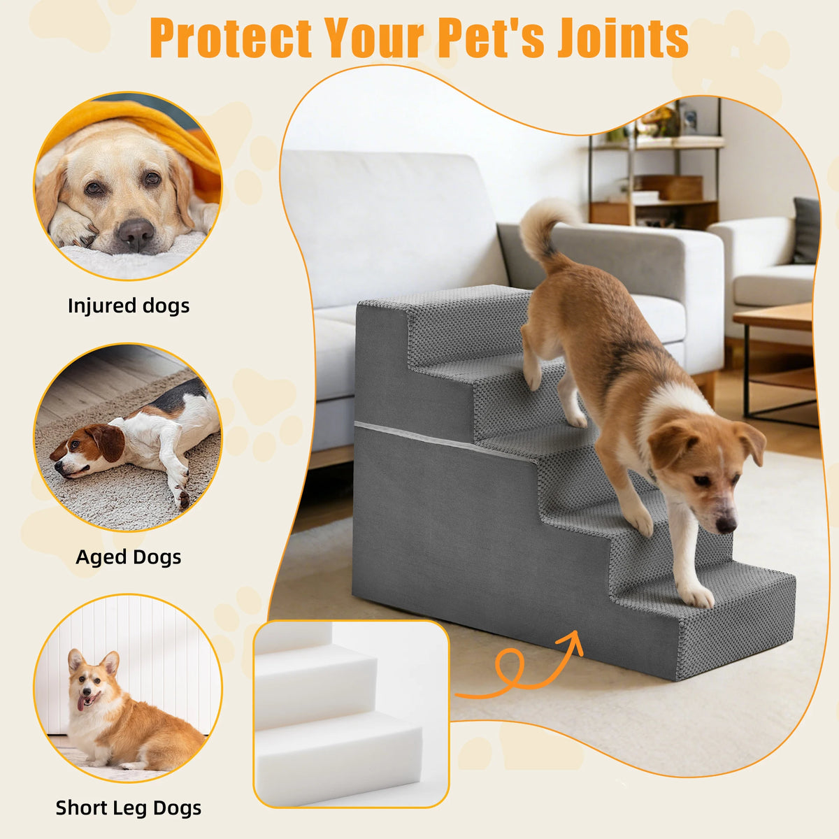 Right Angled Foam Dog Stair Ramp Non Slip Indoor Steps