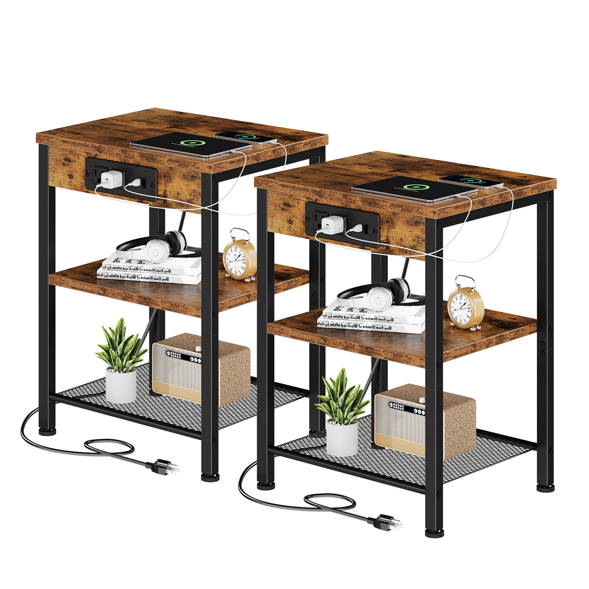 JHK Three Tier Side Table With Charging Station USB Ports