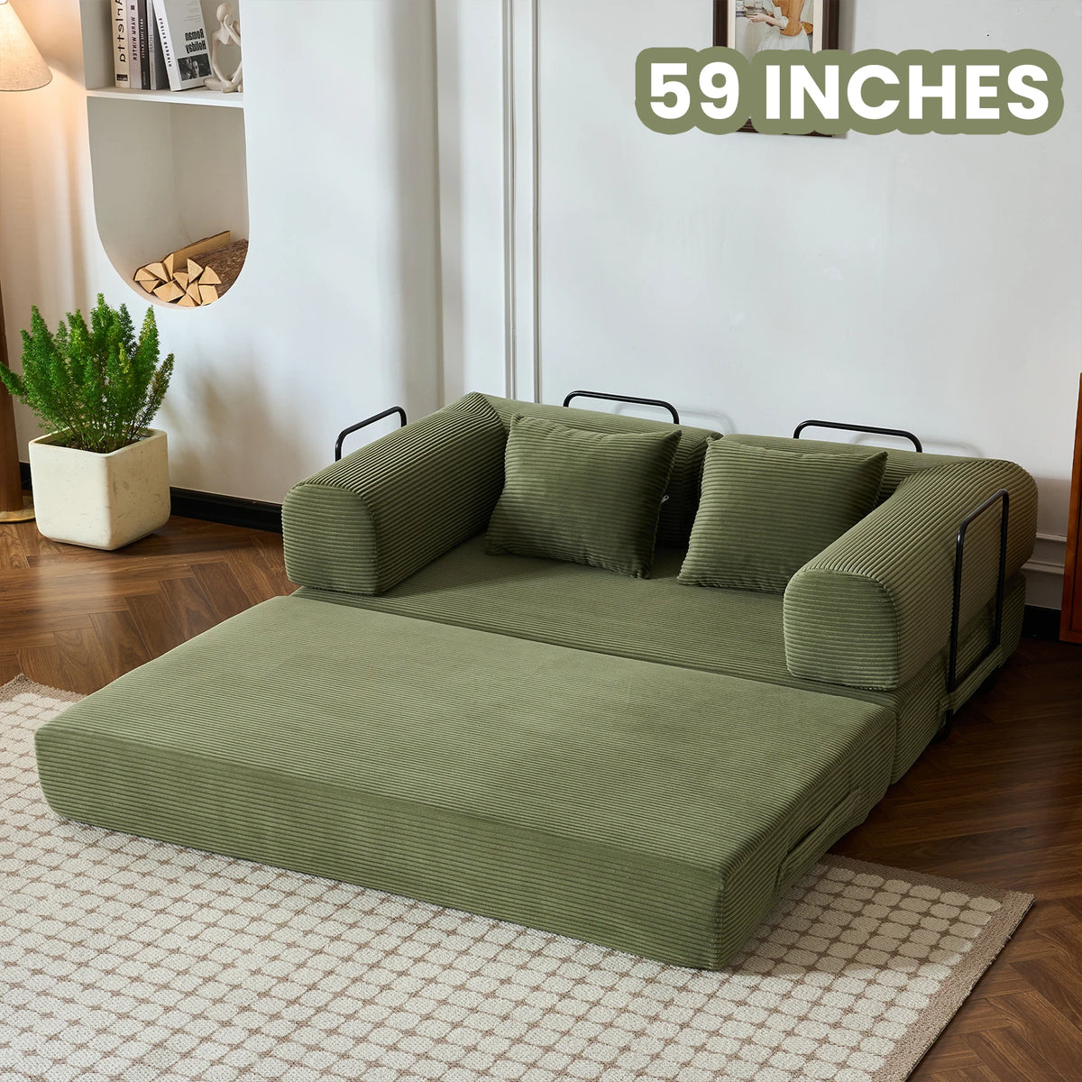 Modern Foldable Convertible Futon Sleeper Sofa With L Shaped Armrests