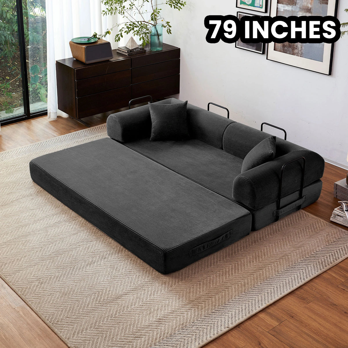 Modern Foldable Convertible Futon Sleeper Sofa With L Shaped Armrests