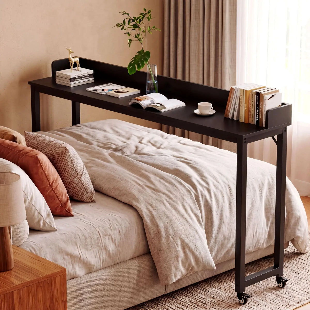 Overbed Table with Wheels,Queen Full Size Mobile Computer Desk,Standing Laptop Cart,Over Bed Table with Heavy Duty Metal Leg,16D x 71W x 41H inch,for Bedroom