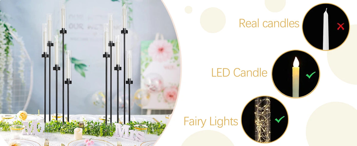 2PCS 39.8" Tall Matte Black Candelabra, 5 Arm Candle Holder with Acrylic Lampshade for Wedding Centerpiece Living Room Dining Room Fireplace Decor Gift