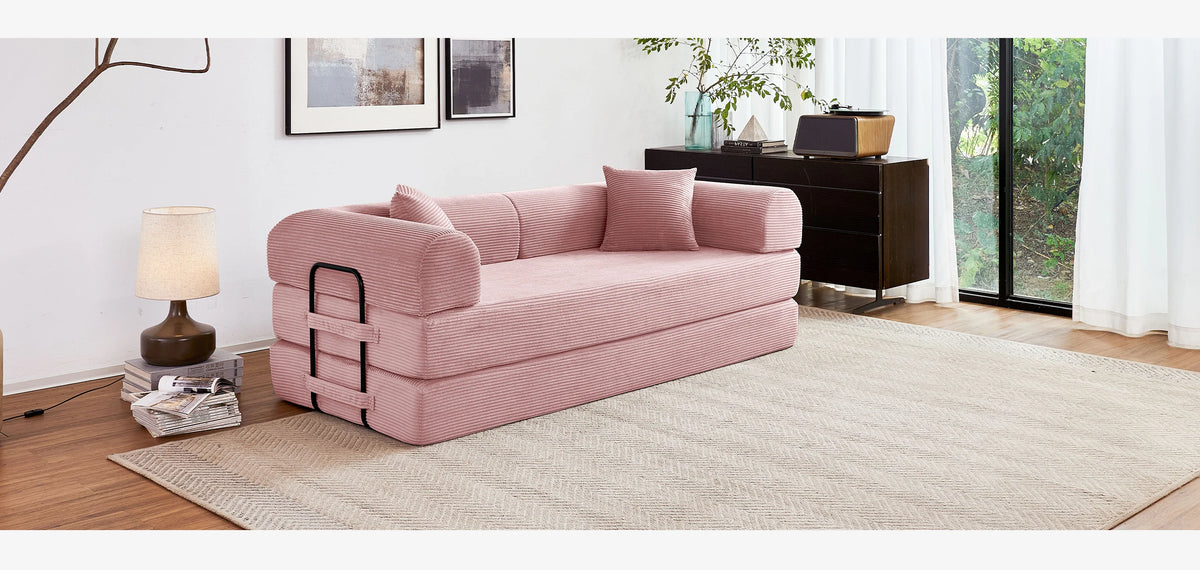 Modern Foldable Convertible Futon Sleeper Sofa With L Shaped Armrests