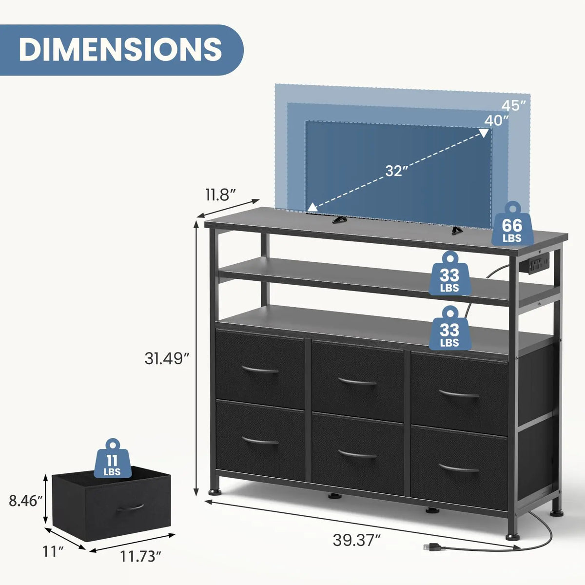JHK Modern TV Stand Featuring Six Fabric Drawers For Storage