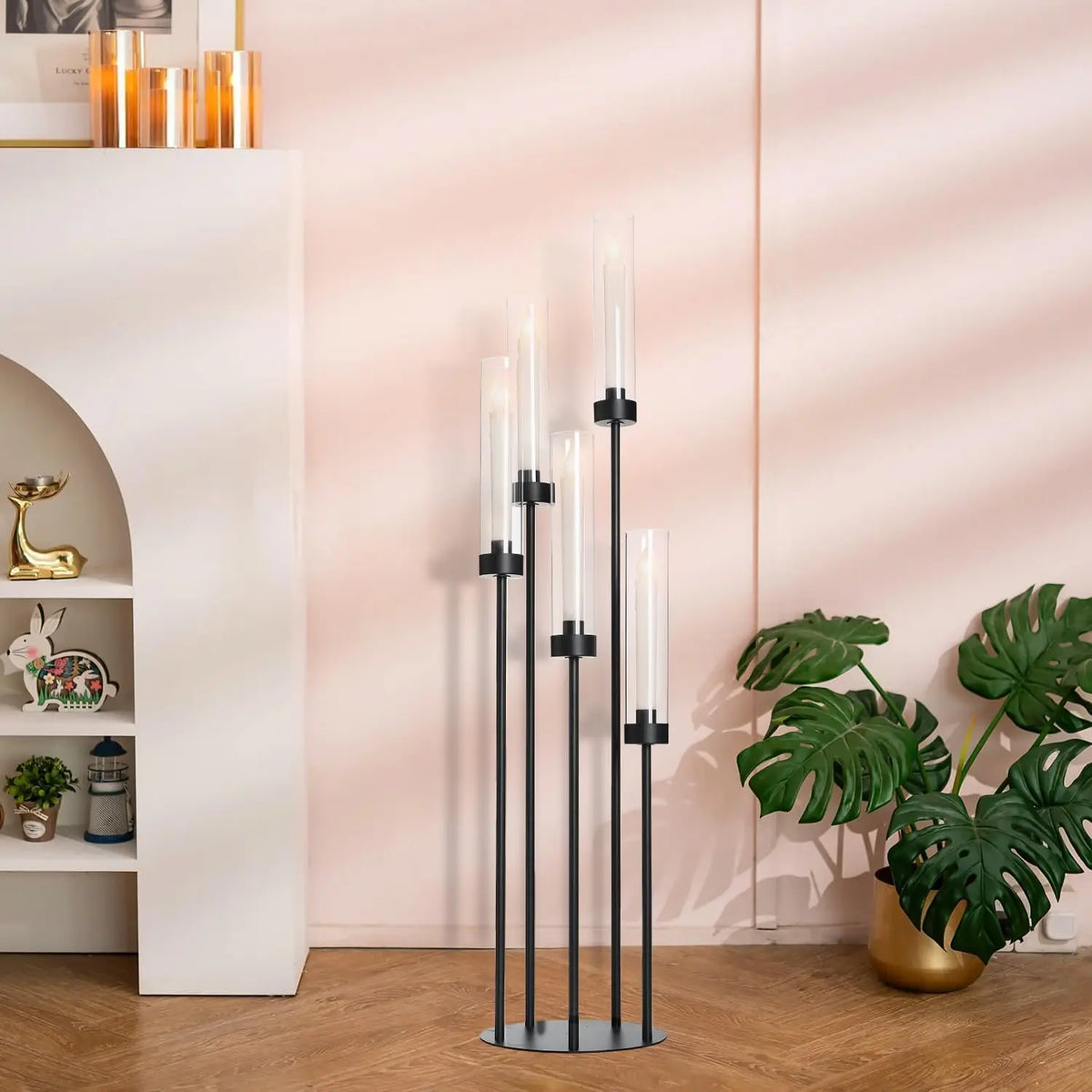 2PCS 39.8" Tall Matte Black Candelabra, 5 Arm Candle Holder with Acrylic Lampshade for Wedding Centerpiece Living Room Dining Room Fireplace Decor Gift