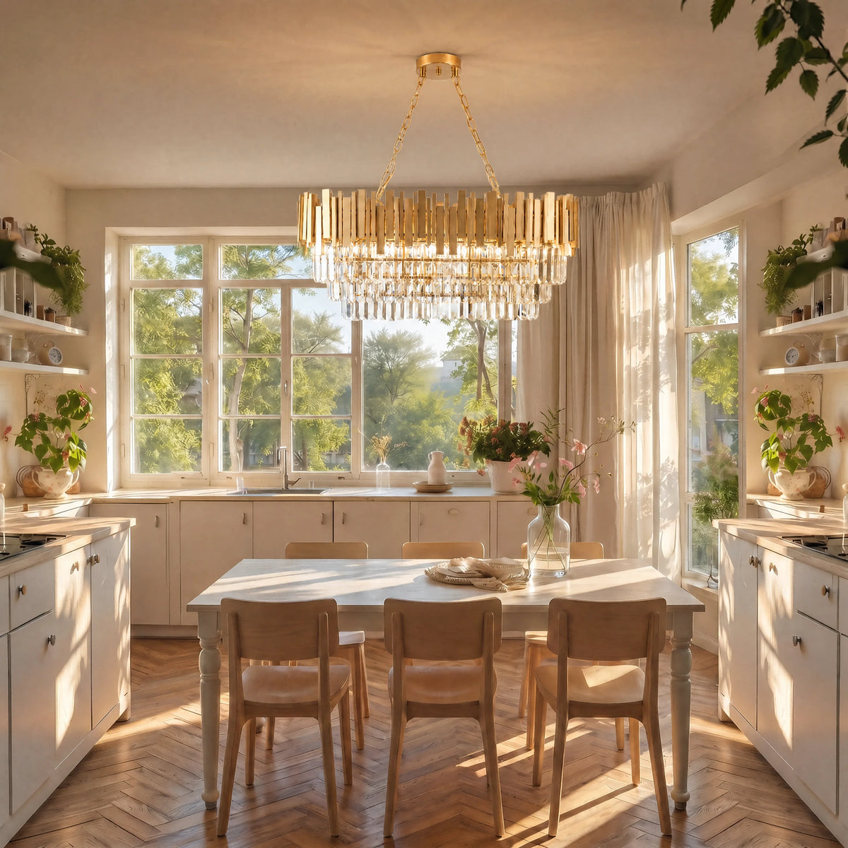 Modern Luxury Crystal Chandelier, Gold Crystal Chandelier, 3-Layer Raindrop Chandelier, Lighting Fixtures, Dining Room, Table, F