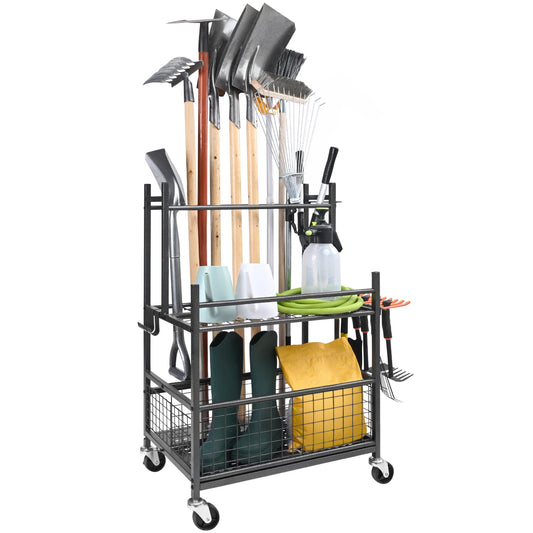 SucceBuy Garden Tool Organizer Rack With Hooks And Wheels