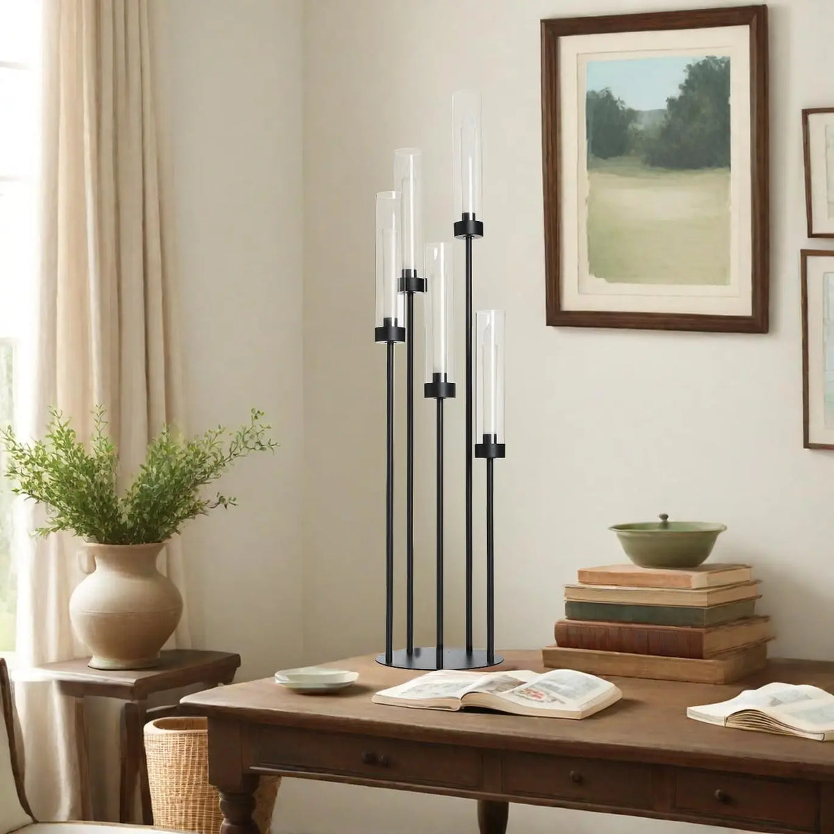 2PCS 39.8" Tall Matte Black Candelabra, 5 Arm Candle Holder with Acrylic Lampshade for Wedding Centerpiece Living Room Dining Room Fireplace Decor Gift