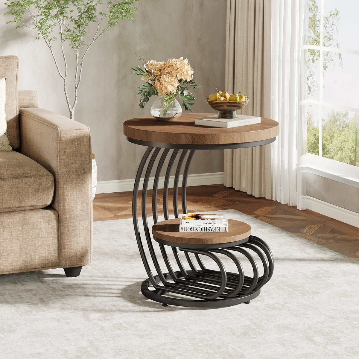 Tribesigns Modern Round End Table With Faux Marble Storage Shelf