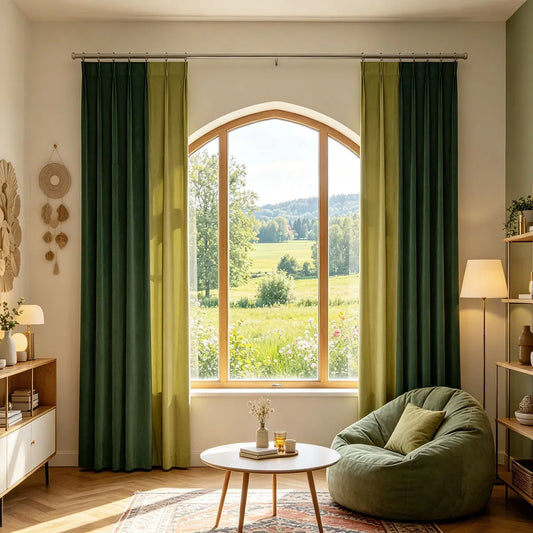 2 Panels Pleated Velvet Color Block Curtains, Dark Green & Olive Green Spliced Blackout Drapes, Thermal Noise Reduction Window Curtains for Living Room Bedroom Home Decor