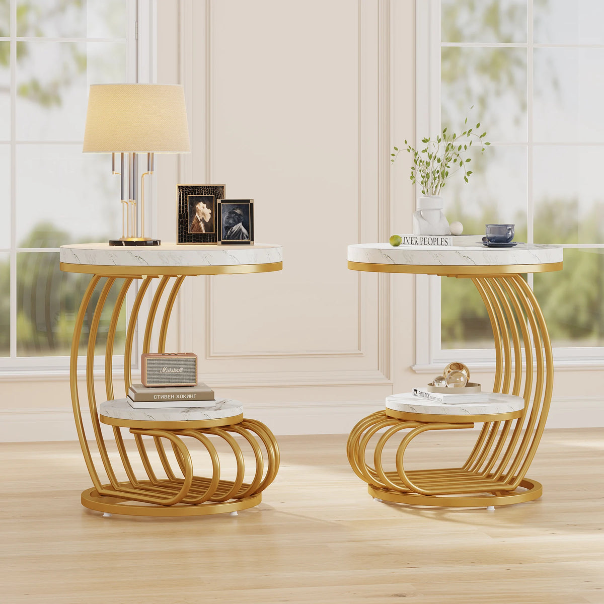 Tribesigns Modern Round End Table With Faux Marble Storage Shelf