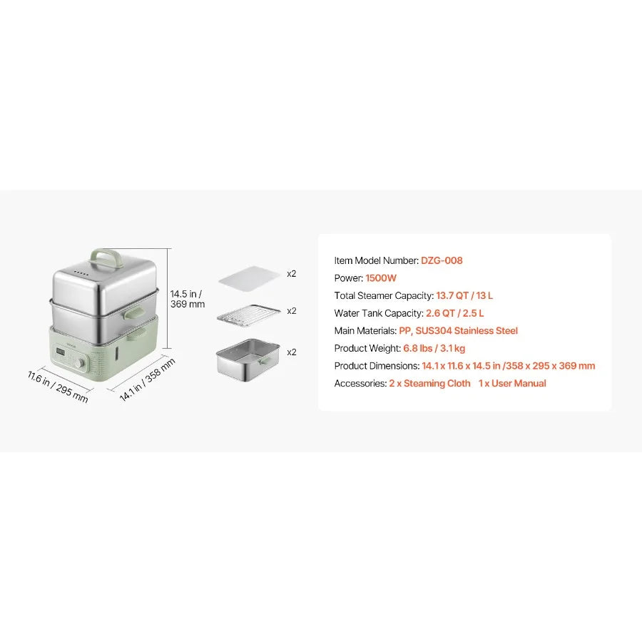 Electric Food Steamer With Two Tiers And Nine Cooking Programs