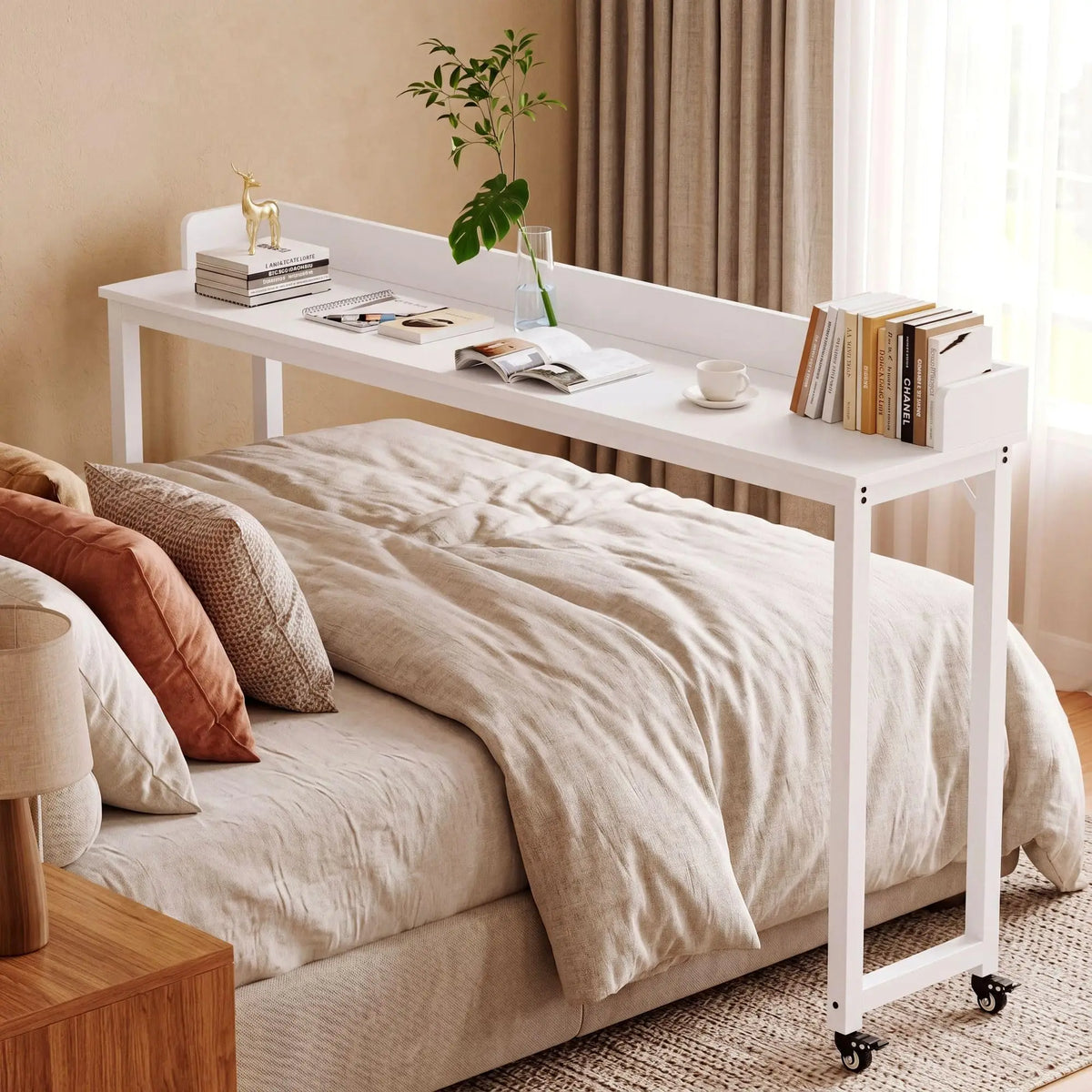 Overbed Table with Wheels,Queen Full Size Mobile Computer Desk,Standing Laptop Cart,Over Bed Table with Heavy Duty Metal Leg,16D x 71W x 41H inch,for Bedroom