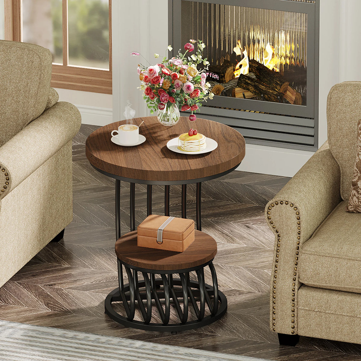 Tribesigns Modern Round End Table With Faux Marble Storage Shelf