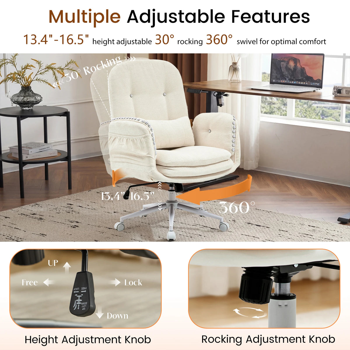 TCGBKAF Criss Cross Office Chair with Flip Armrests Swivel Vanity Chair with Side Pockets, Ergonomic Cross Legged Office Chair with Wheels, Computer Desk Chair for Home&Office
