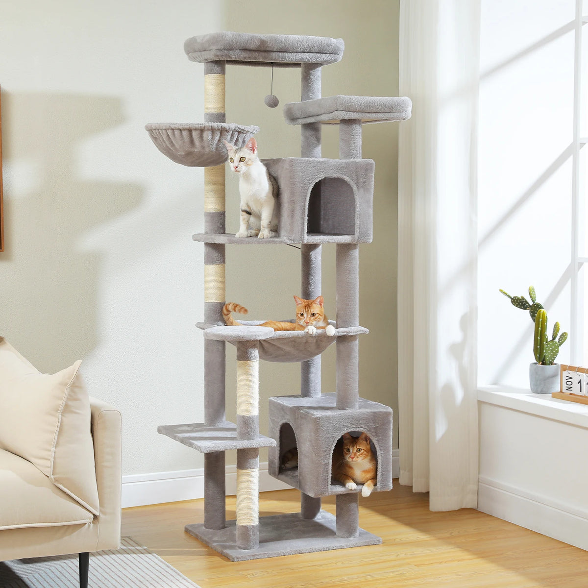 Tall Cat Tree for Indoor Cats Big Cat Tower with Super Large Hammock Cat Climbing Tree with Scratching Posts Condo House Black