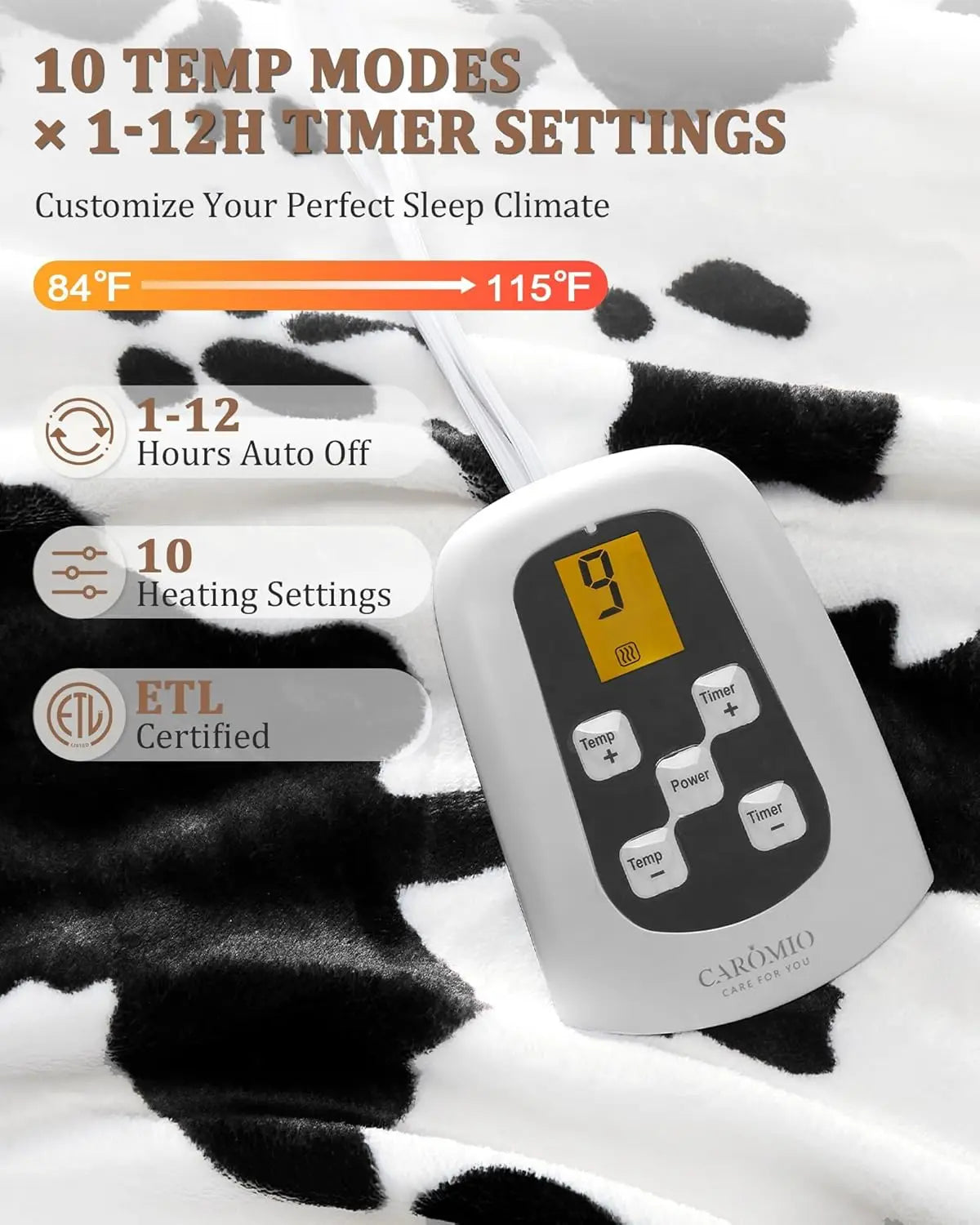 HiMISS Cow Print Heated Electric Blanket With LCD Controller