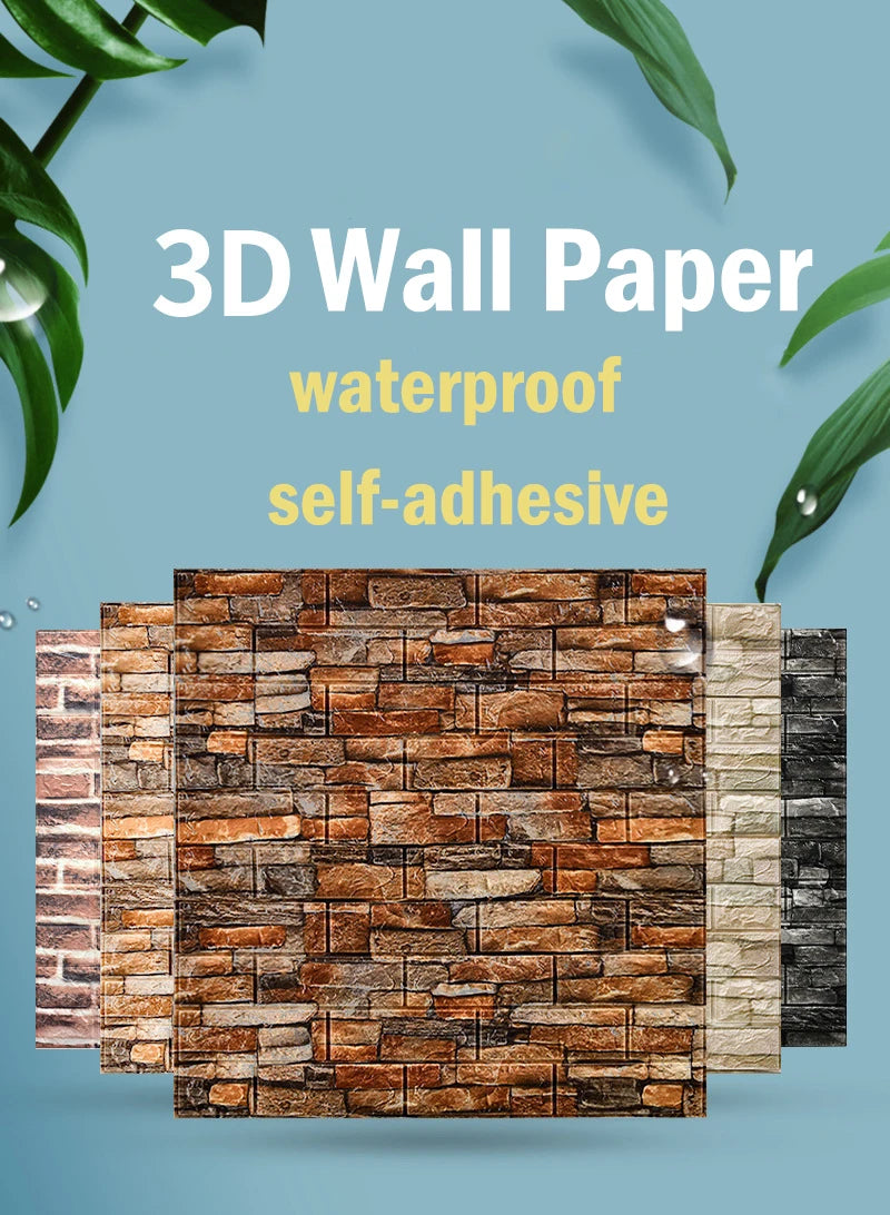 10Pcs 3D Brick Wall Stickers DIY Self Adhensive Decor Foam Waterproof Wall Covering Wallpaper for TV Background Kids Living Room