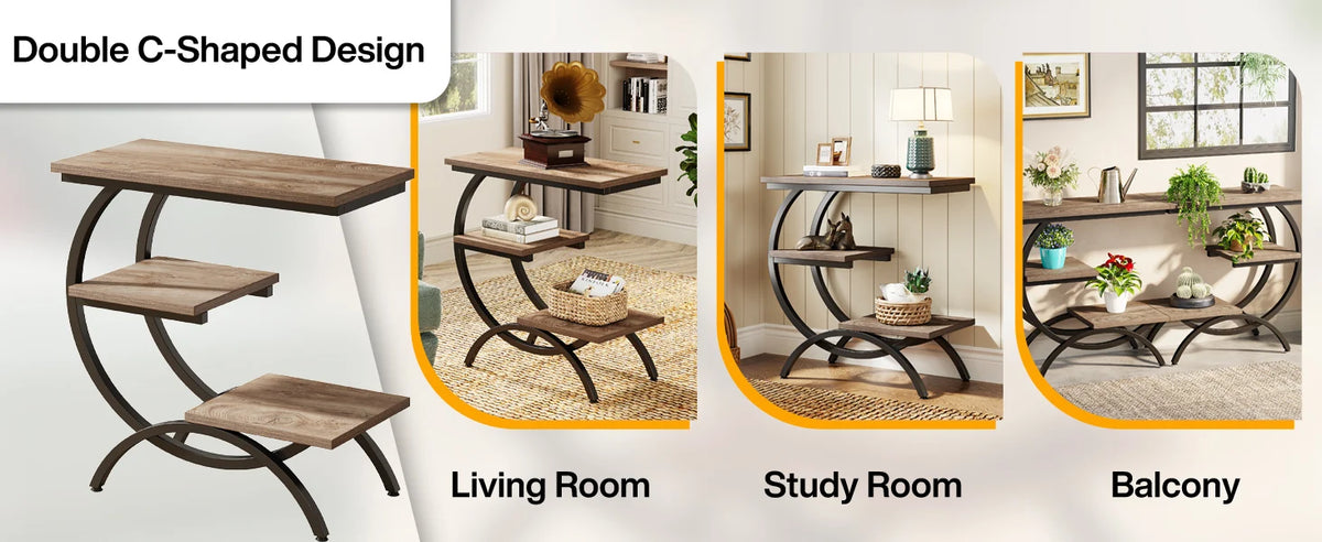 Tribesigns C-Shaped Industrial End Table With Three Storage Shelves