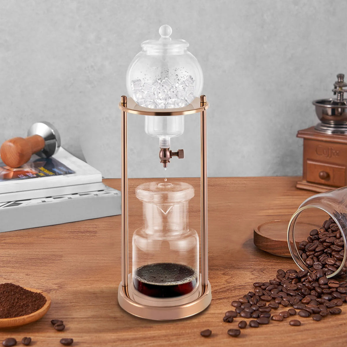 600ml Gold Ice Drip Coffee Maker -20~150°C Heat Resistant Glass Borosilicate Cold Brew Dripper Pot Stainless Steel Cold Coffee Extractor For Home Coffee Shop