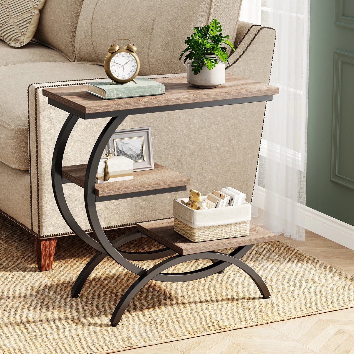 Tribesigns C-Shaped Industrial End Table With Three Storage Shelves