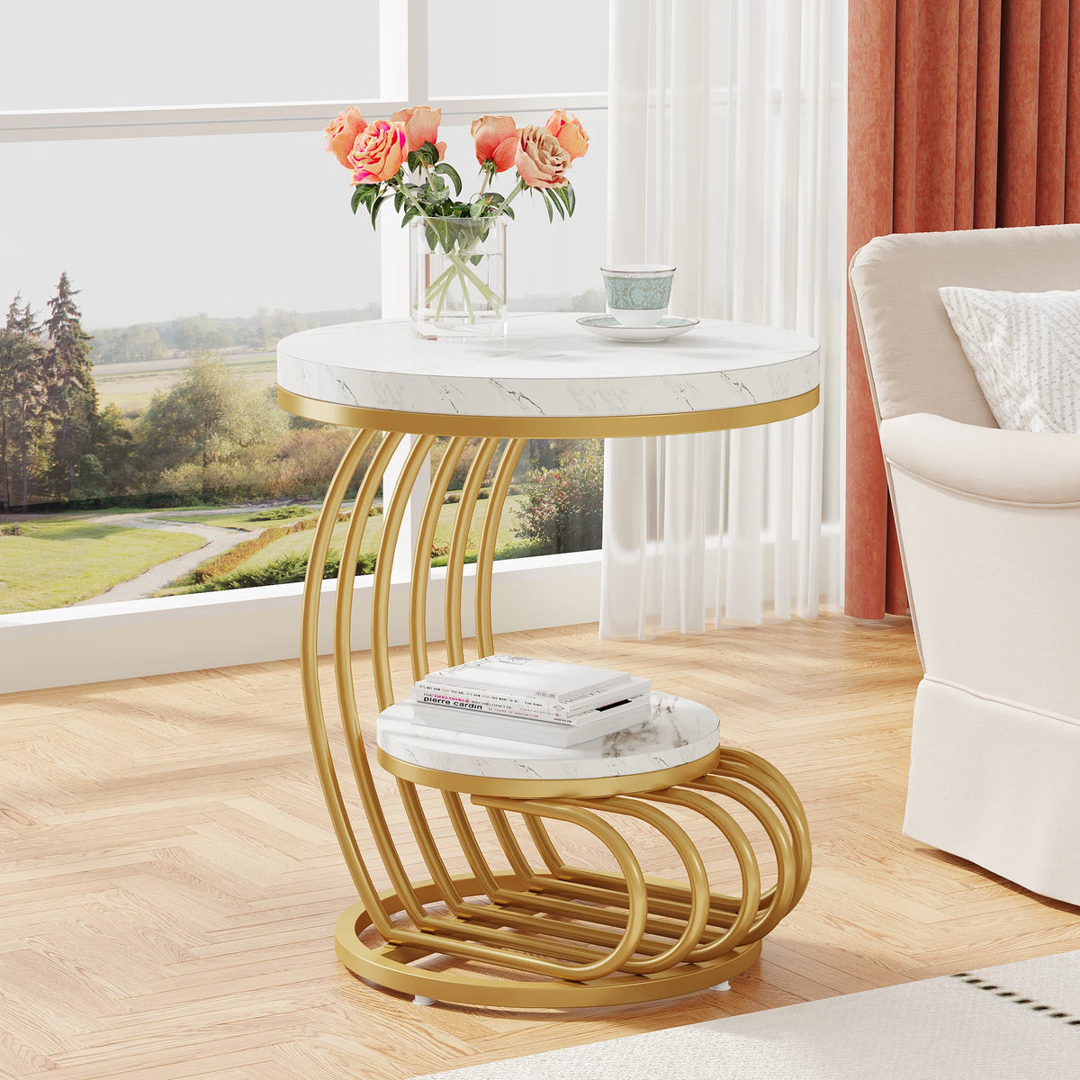 Tribesigns Modern Round End Table With Faux Marble Storage Shelf