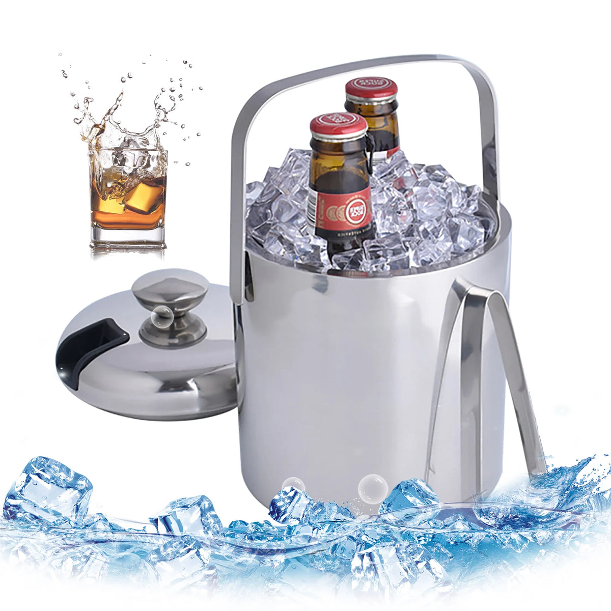 Double Wall Stainless Steel Ice Bucket With Tongs And Lid