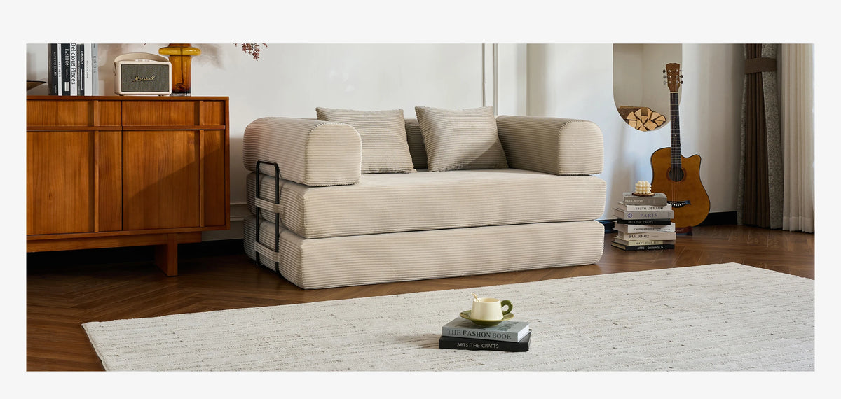 Modern Foldable Convertible Futon Sleeper Sofa With L Shaped Armrests