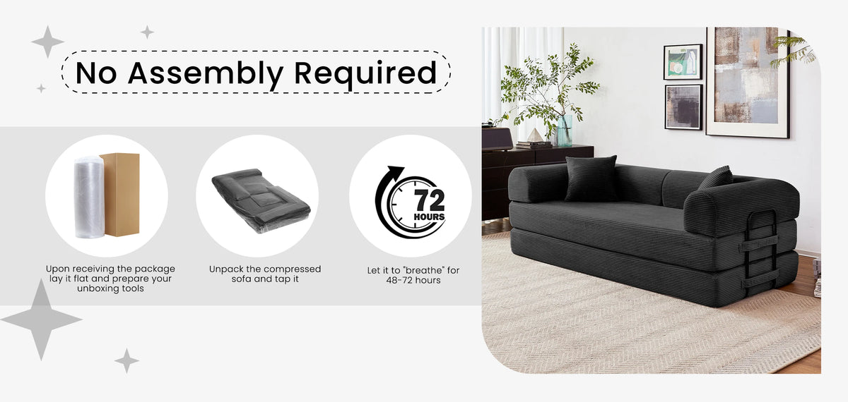 Modern Foldable Convertible Futon Sleeper Sofa With L Shaped Armrests