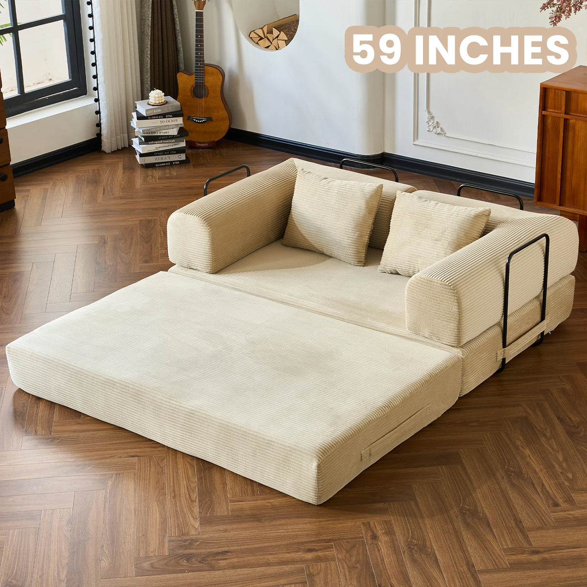 Modern Foldable Convertible Futon Sleeper Sofa With L Shaped Armrests