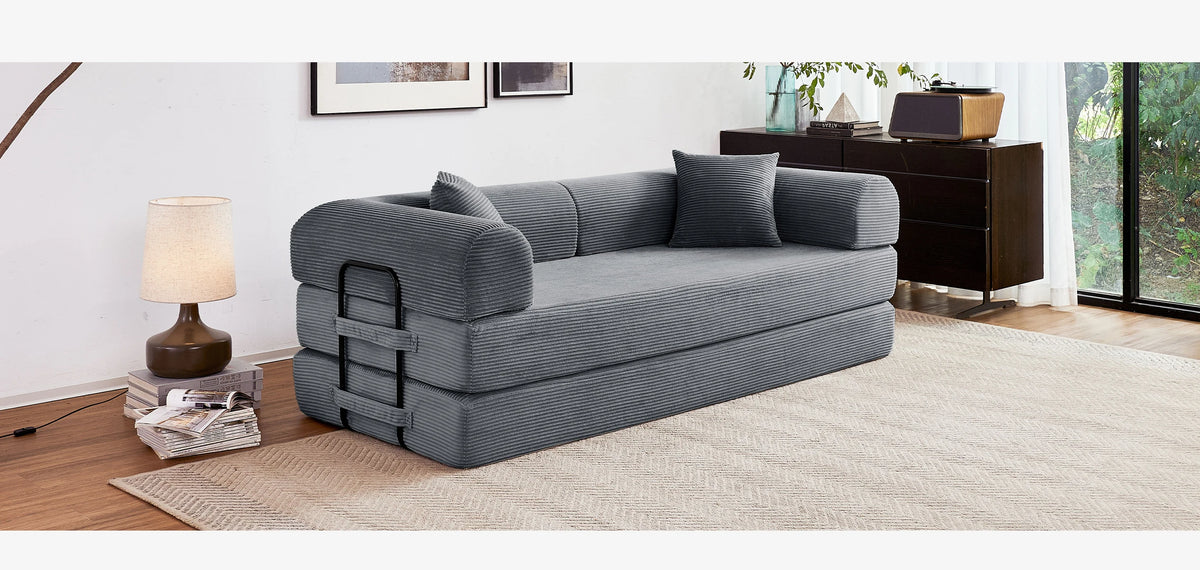 Modern Foldable Convertible Futon Sleeper Sofa With L Shaped Armrests