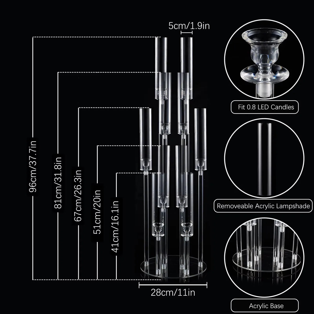 10 Arm Acrylic Candelabra Centerpieces 37.7 Inch Tall Floor Candlestick Holder with Lampshades for Wedding Table Decorations Party Event