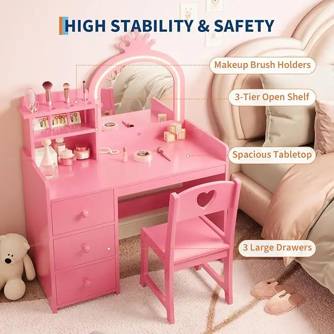 Kids Vanity with Lights, 2 in 1 Princess Makeup Vanity Desk & Chair Set, Toddler Vanity Table with Open Bookshelf for Girls