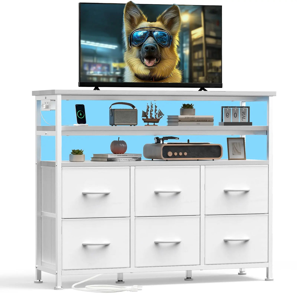JHK Modern TV Stand Featuring Six Fabric Drawers For Storage