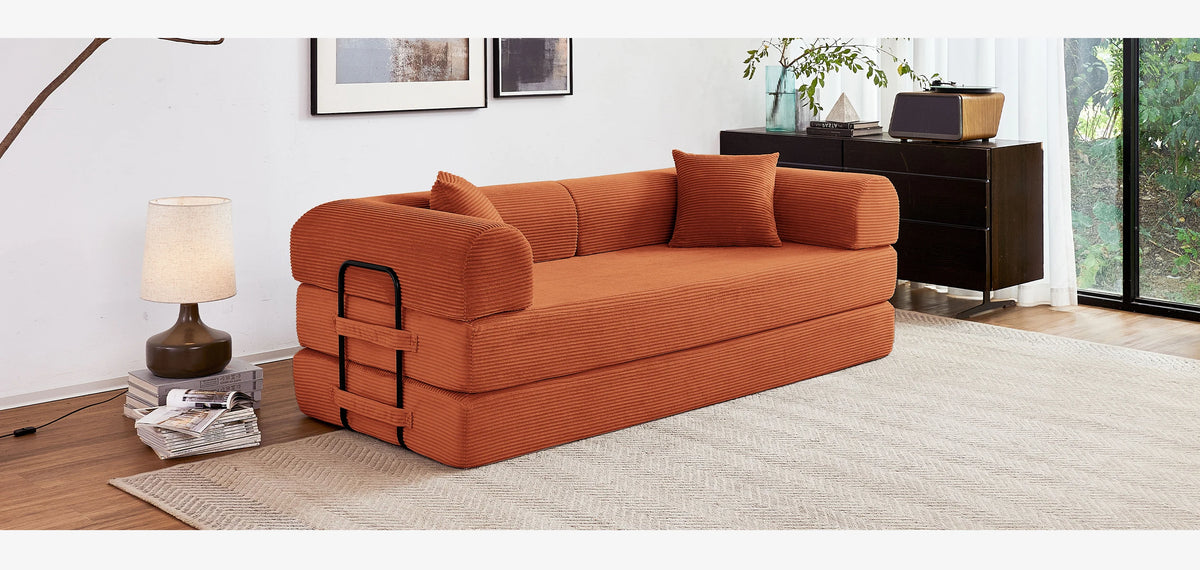 Modern Foldable Convertible Futon Sleeper Sofa With L Shaped Armrests