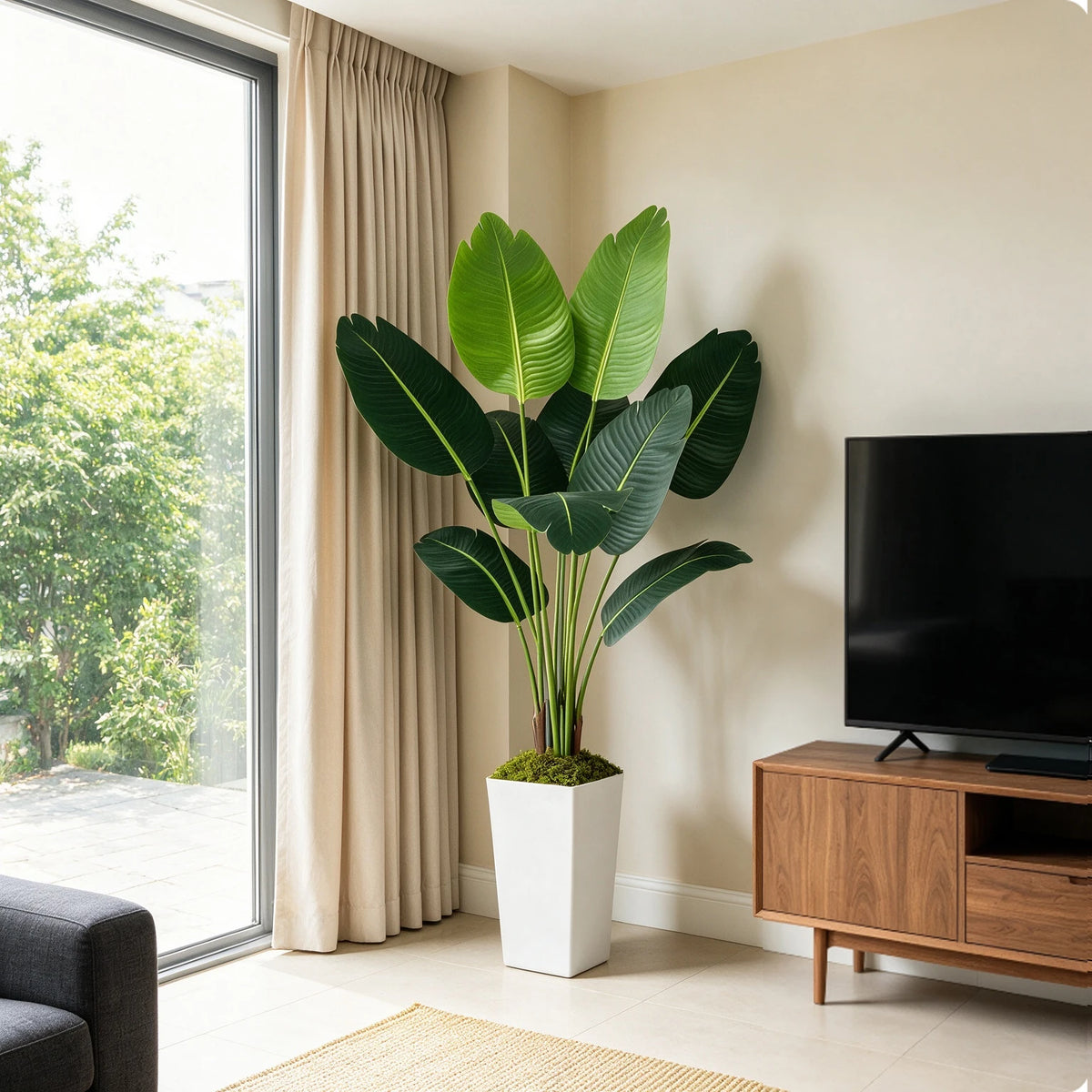 125cm Bird of Paradise Artificial Plant 5FT - Faux Tropical Palm Tree with White Tall Planter - Fake Floor Plant Potted - Artificial Silk Tree for Home Office Living Room Decor Indoor