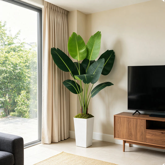 125cm Bird of Paradise Artificial Plant 5FT - Faux Tropical Palm Tree with White Tall Planter - Fake Floor Plant Potted - Artificial Silk Tree for Home Office Living Room Decor Indoor