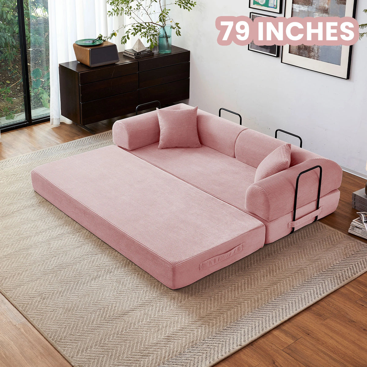 Modern Foldable Convertible Futon Sleeper Sofa With L Shaped Armrests