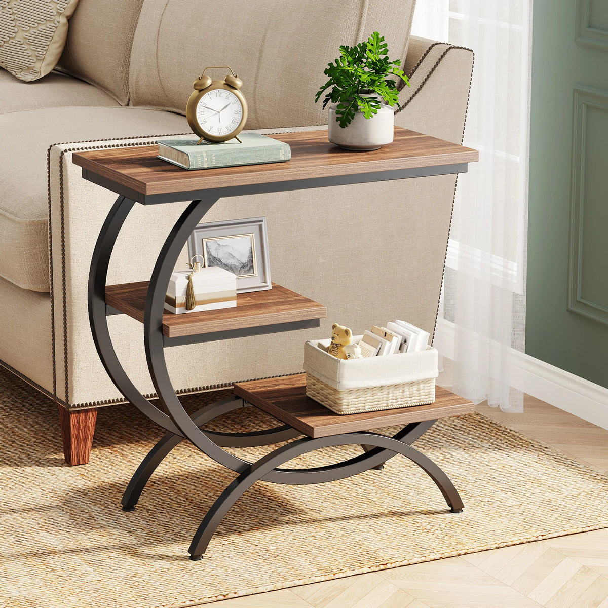 Tribesigns C-Shaped Industrial End Table With Three Storage Shelves