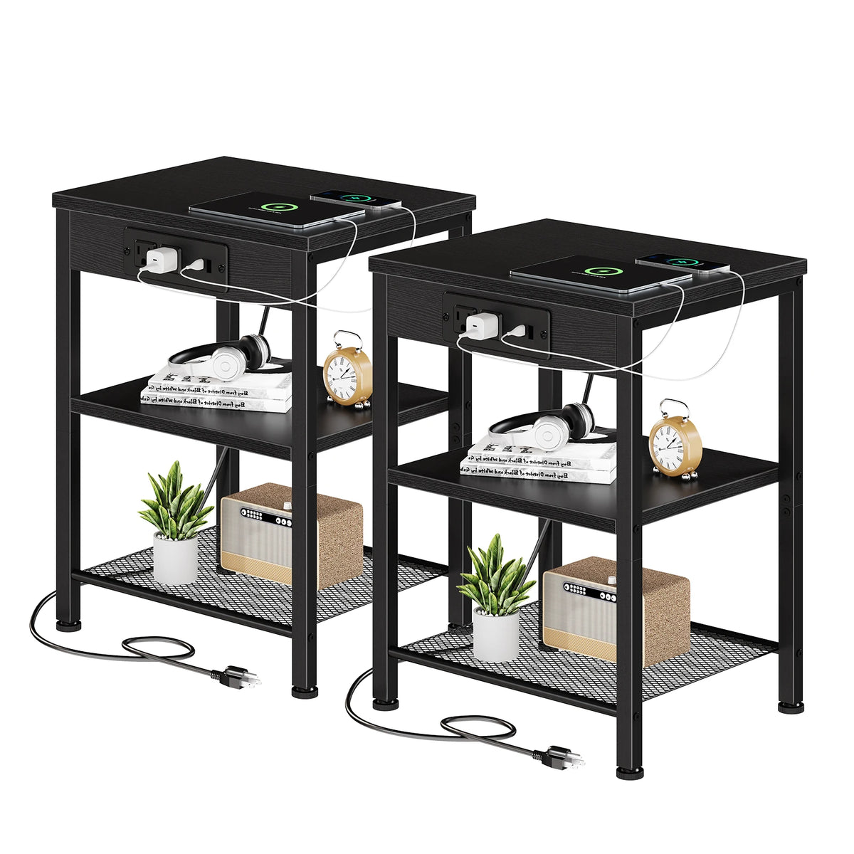JHK Three Tier Side Table With Charging Station USB Ports