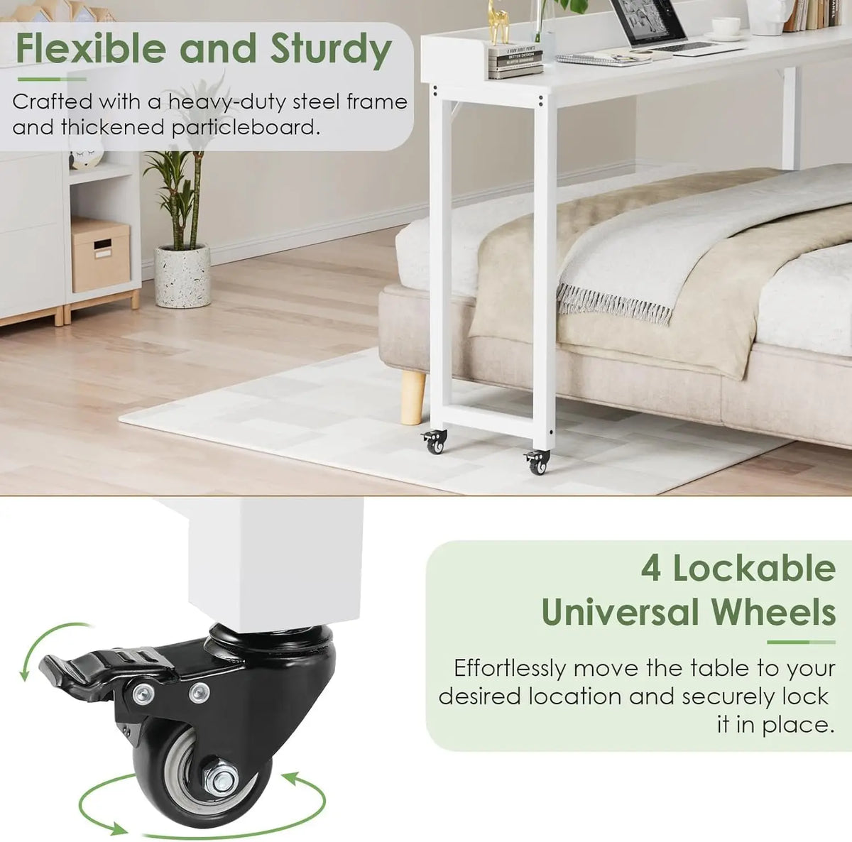 Overbed Table with Wheels,Queen Full Size Mobile Computer Desk,Standing Laptop Cart,Over Bed Table with Heavy Duty Metal Leg,16D x 71W x 41H inch,for Bedroom