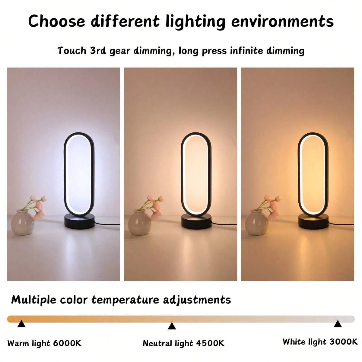 DUMILOO Modern LED Oval Ring Bedside Lamp With Dimmable Light