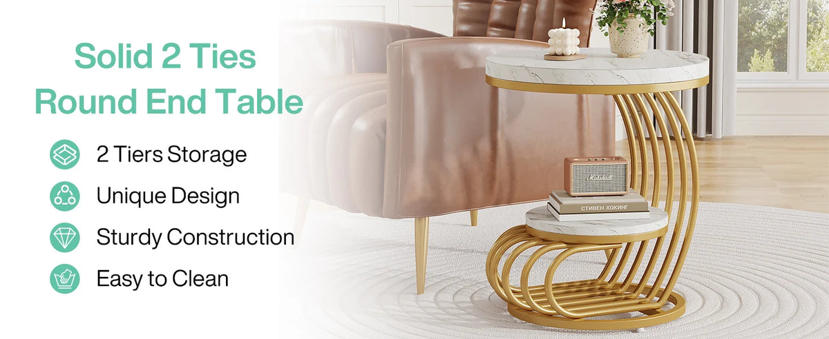 Tribesigns Modern Round End Table With Faux Marble Storage Shelf